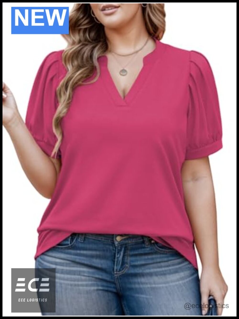 Womens Plus Size Pleated Puff Sleeve Notched V Neck Tunic Tee
